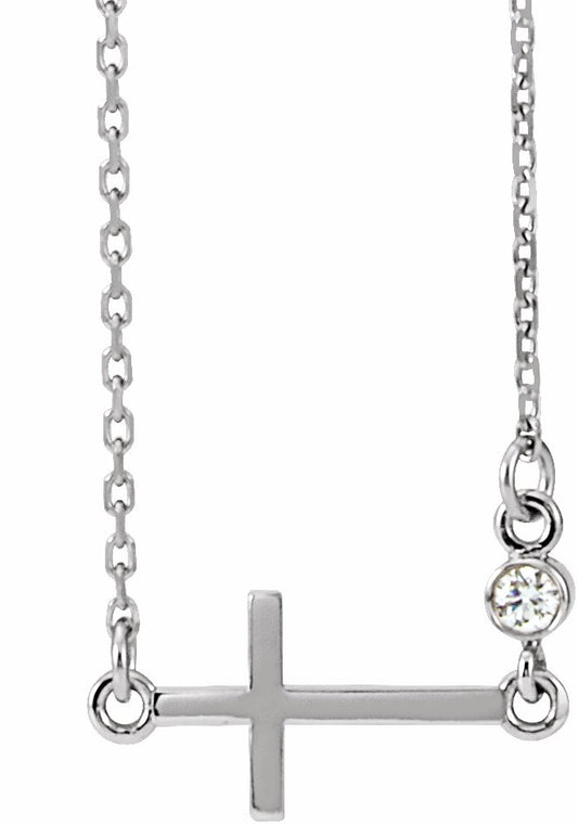 14K White .03 CTW Diamond Sideways Cross 16-18 Necklace
