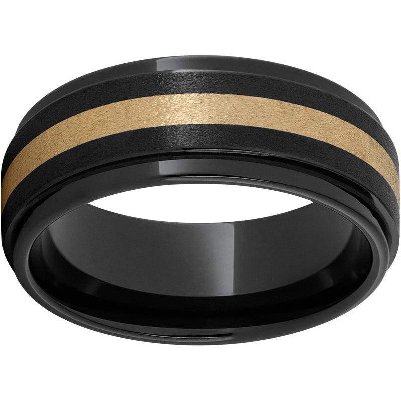 Black Diamond Ceramic Flat Grooved Edge Band with a 2mm 18K Yellow Gold Inlay and Stone Finish