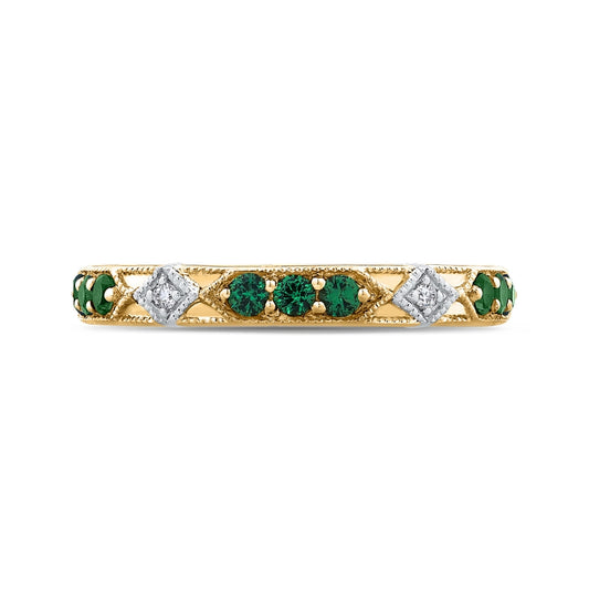 Shah Luxury 14K Two-Tone Gold Round Diamond and Green Tsavorite Wedding Band