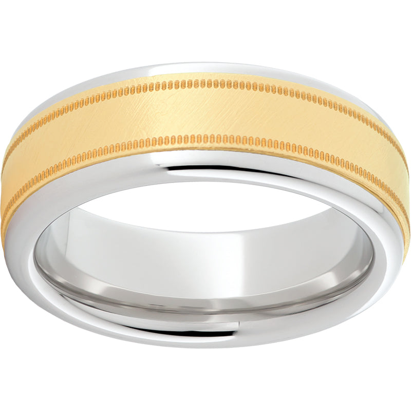 Serinium Pipe Cut Band with a 5mm 14K Yellow Gold Inlay with Florentine Finish and Milgrain Texture