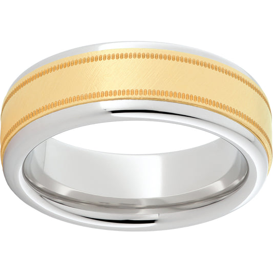 Serinium Pipe Cut Band with a 5mm 14K Yellow Gold Inlay with Florentine Finish and Milgrain Texture