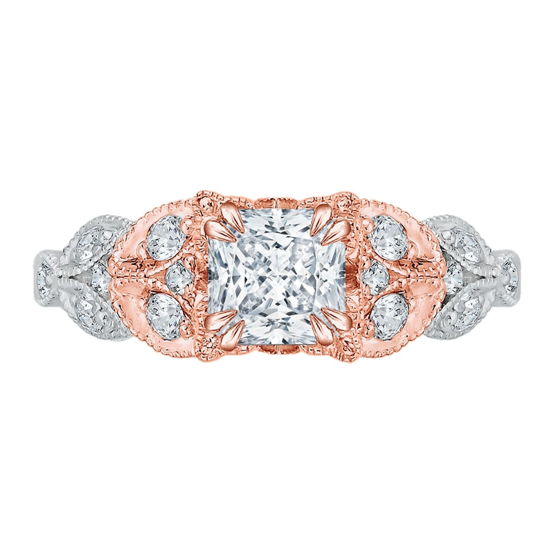 Shah Luxury 14K Two-Tone Gold Princess Diamond Floral Engagement Ring (Semi-Mount)