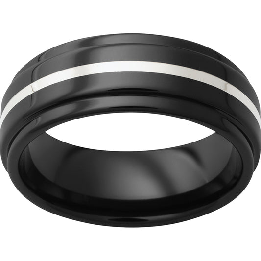 Black Diamond Ceramic Flat Band with Grooved Edges and a 1mm Sterling Silver Inlay