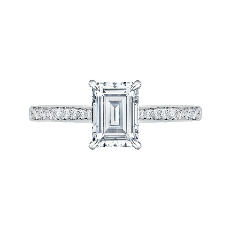 Shah Luxury Emerald Cut Diamond Solitaire with Accents Engagement Ring In 14K White Gold (Semi-Mount)