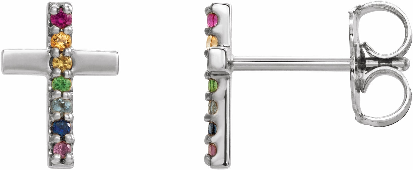 14K White Multi-Gemstone Cross Earrings