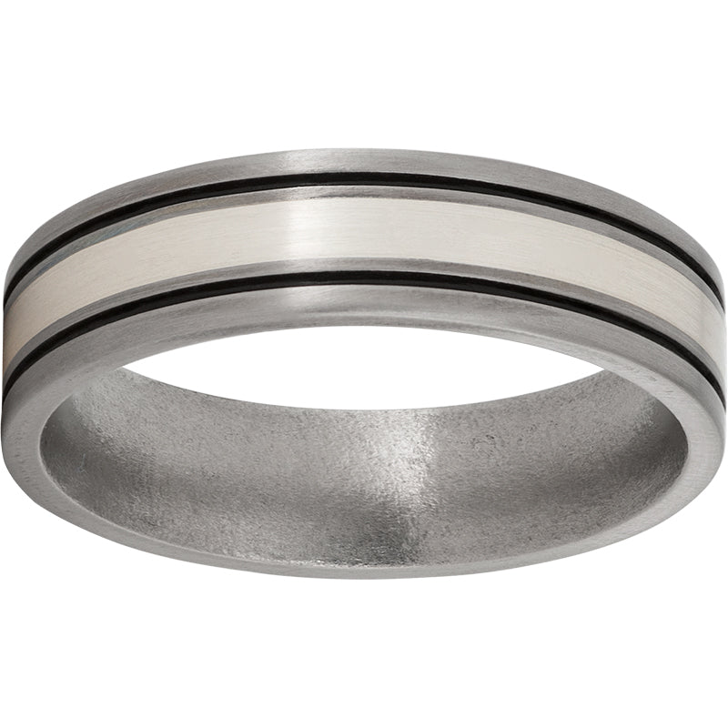 Titanium Flat Band with a 2mm Sterling Silver Inlay, Two .5mm Grooves with antiquing, and Satin Finish