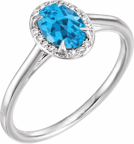 14K White 7x5 mm Oval Swiss Blue Topaz & .04 CTW Diamond Ring