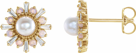 14K Yellow Akoya Pearl, White Opal & 1/6 CTW Diamond Earrings