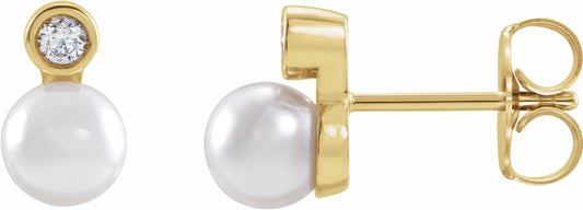 14K Yellow Akoya Cultured Pearl & .06 CTW Diamond Bezel-Set Earrings
