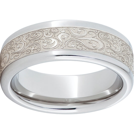 Serinium Pipe Cut Band with Sterling Silver Inlay and Paisley Laser Engraving