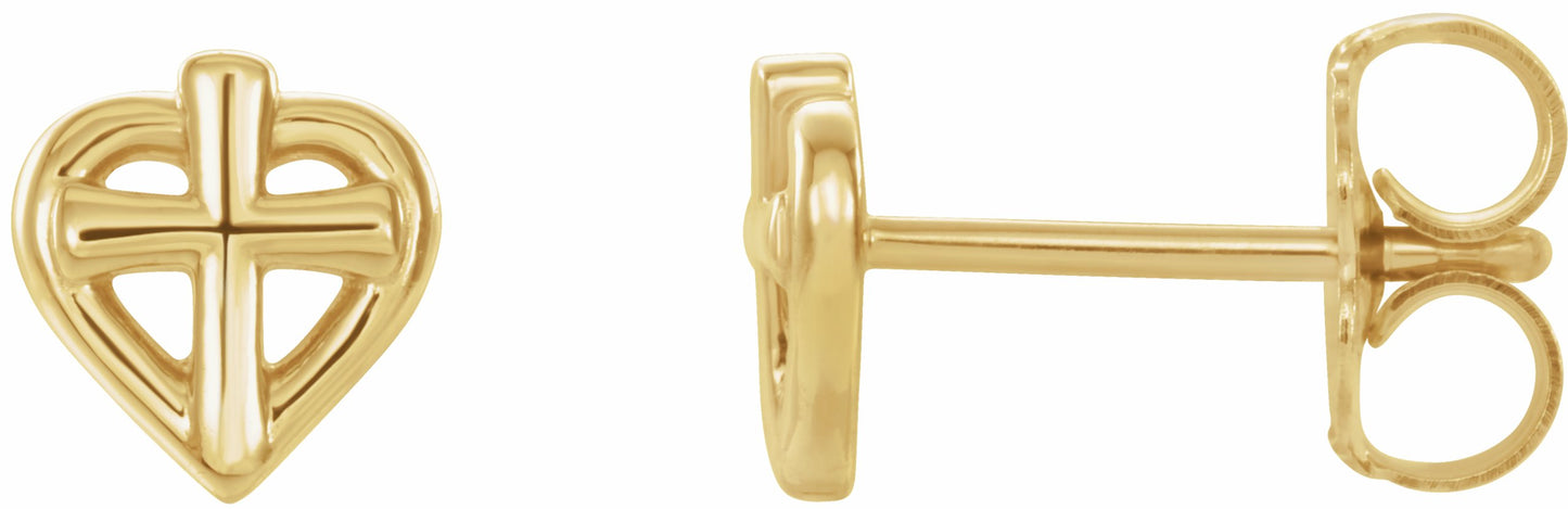 14K Yellow Cross with Heart Youth Earrings