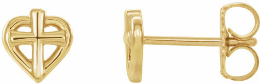 14K Yellow Cross with Heart Youth Earrings