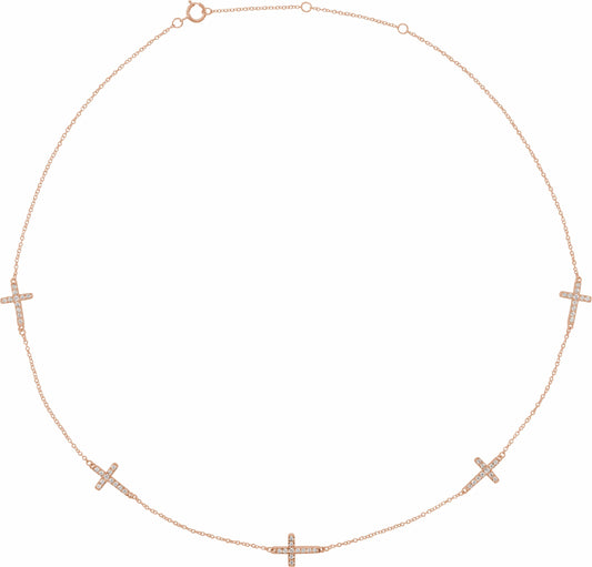 14K Rose 1/8 CTW Diamond 5-Station Cross Adjustable 16-18u201d Necklace