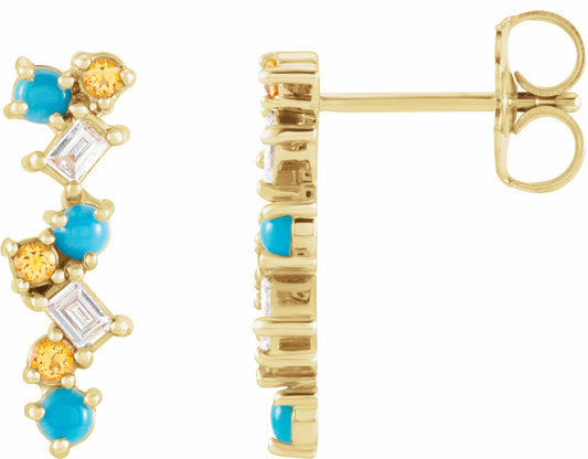 14K Yellow Turquoise, Honey Topaz & 1/10 CTW Diamond Scattered Bar Earrings