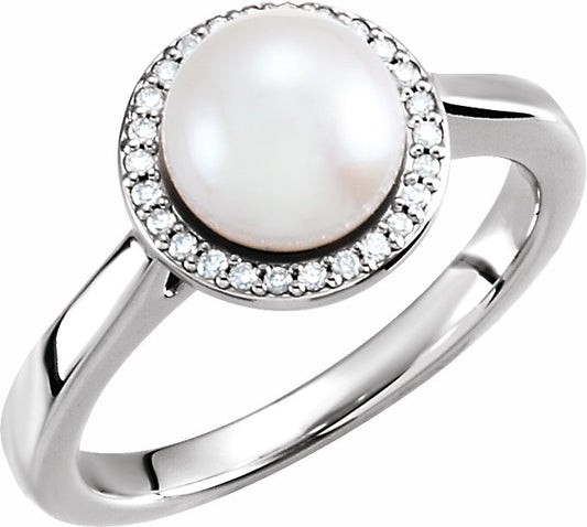14K White Freshwater Cultured Pearl & .07 CTW Diamond Halo-Style Ring