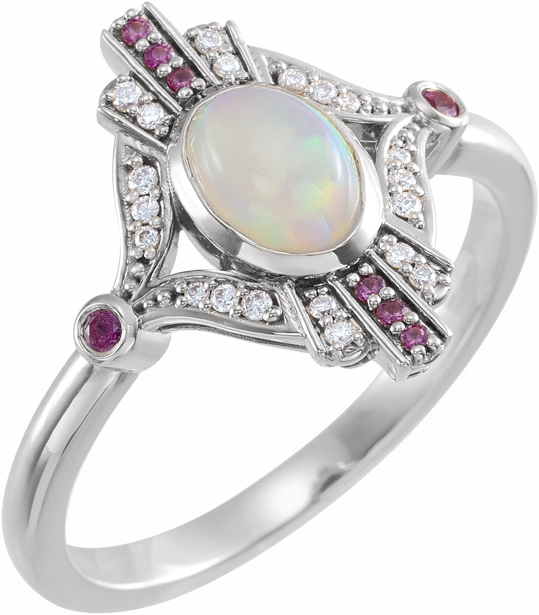 14K White Cabochon Ethiopian Opal, Pink Sapphire & .06 CTW Diamond Ring