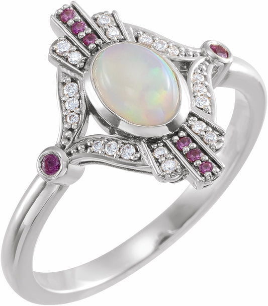 14K White Cabochon Ethiopian Opal, Pink Sapphire & .06 CTW Diamond Ring