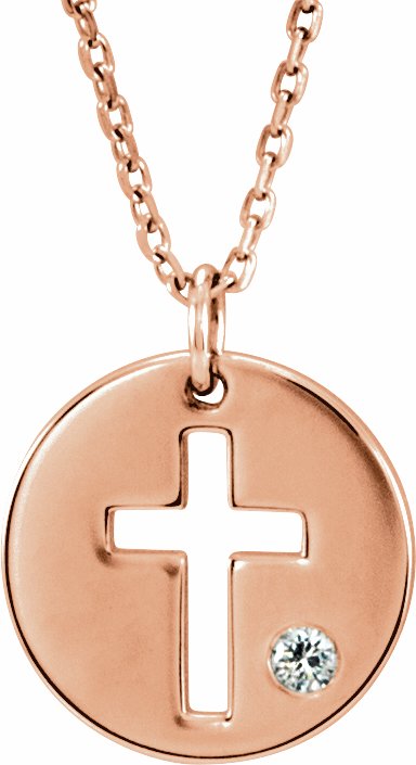 14K Rose .03 CTW Diamond Pierced Cross Disc 16-18 Necklace