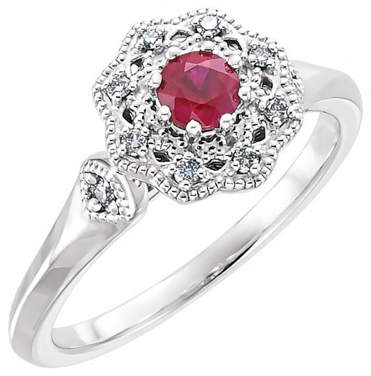 14K White Ruby & 1/10 CTW Diamond Ring