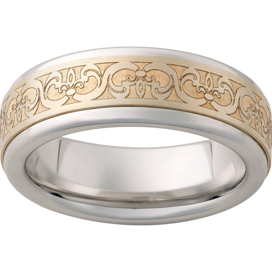 Serinium Pipe Cut Band with a 5mm 14K Yellow Gold Inlay and Fleur de Lis Laser Engraving