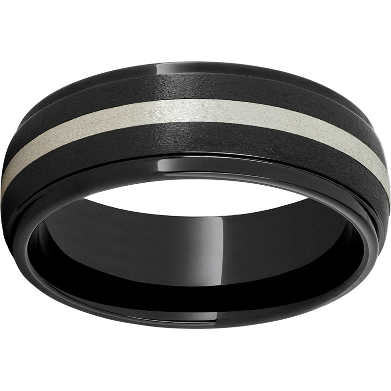 Black Diamond Ceramic Domed Grooved Edge Band with a 2mm Sterling Silver Inlay and Stone Finish