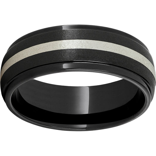 Black Diamond Ceramic Domed Grooved Edge Band with a 2mm Sterling Silver Inlay and Stone Finish