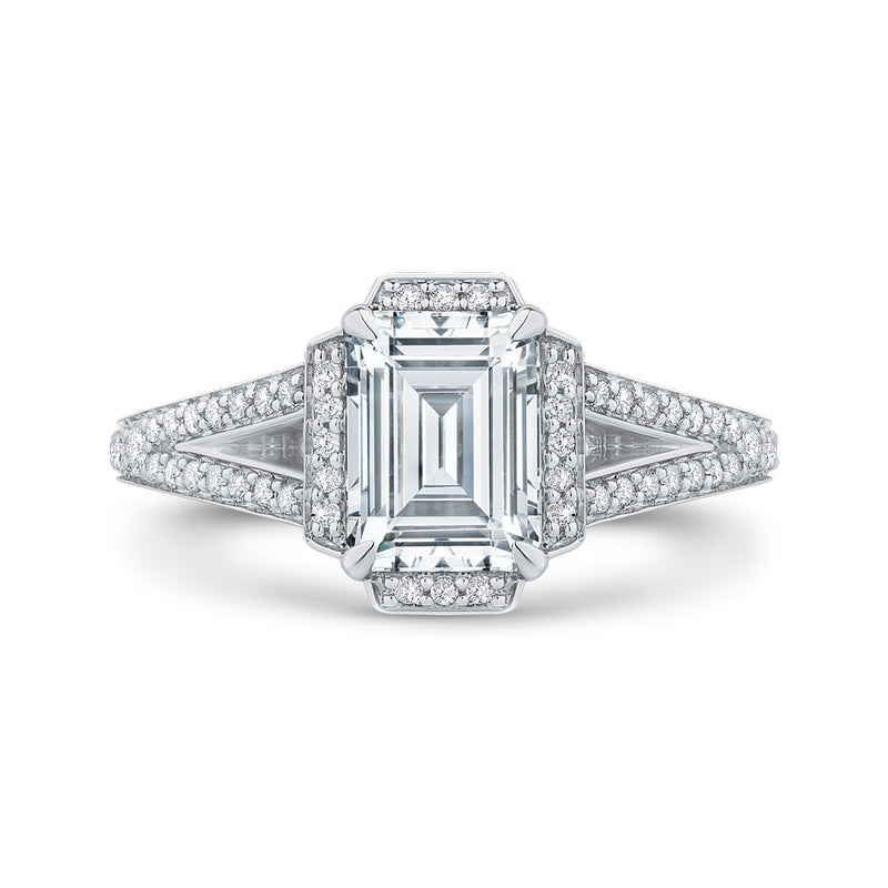 Shah Luxury 14K White Gold Emerald Cut Diamond Cathedral Style Engagement Ring with Split Shank (Semi-Mount)