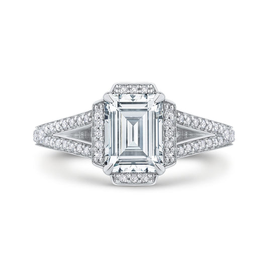Shah Luxury 14K White Gold Emerald Cut Diamond Cathedral Style Engagement Ring with Split Shank (Semi-Mount)