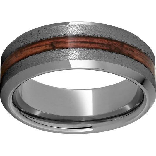Rugged Tungsten  8mm Beveled Edge Band with Cabernet Barrel Aged Inlay and Grain Finish
