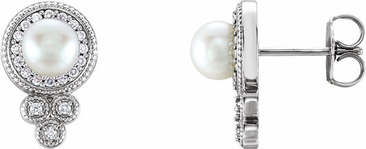 14K White Freshwater Pearl & 1/5 CTW Diamond Earrings