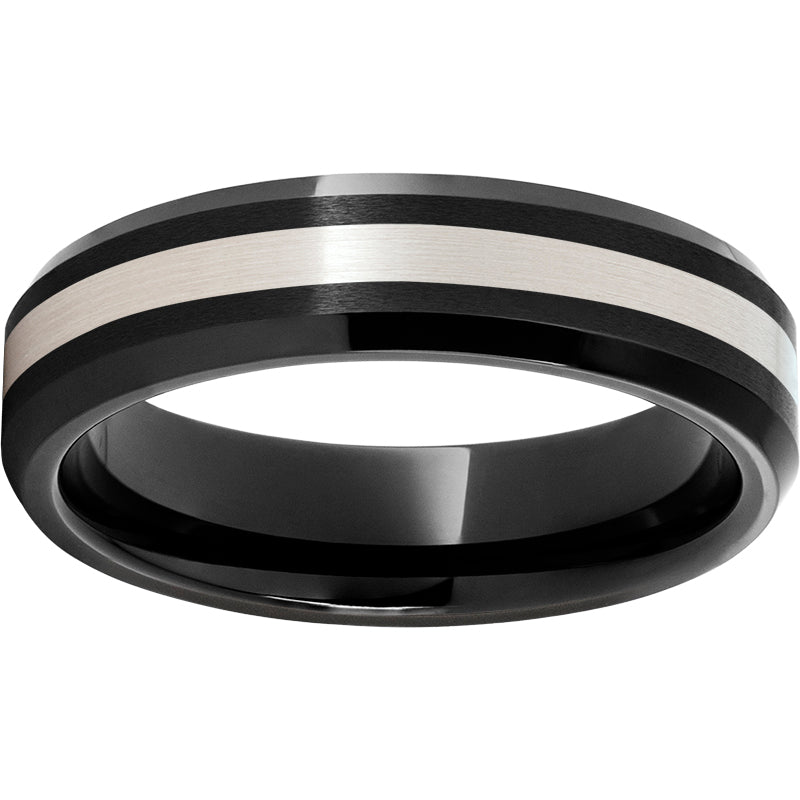 Black Diamond Ceramic Beveled Edge Band with a 2mm Sterling Silver Inlay
