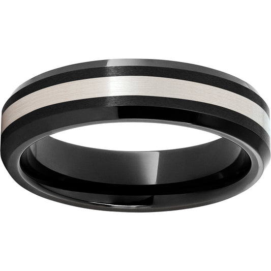 Black Diamond Ceramic Beveled Edge Band with a 2mm Sterling Silver Inlay