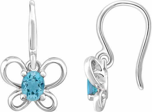 14K White 4x3 mm Oval March Youth Butterfly Birthstone Earrings