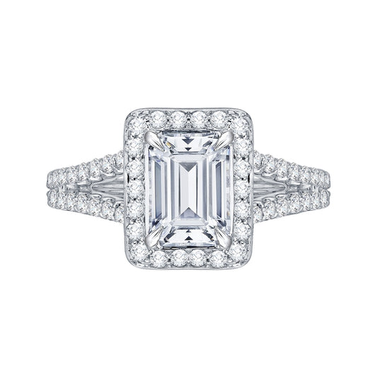 Shah Luxury 14K White Gold Emerald Cut Diamond Halo Engagement Ring with Split Shank (Semi-Mount)