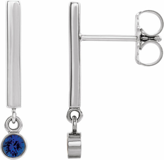 14K White Blue Sapphire Bar Earrings