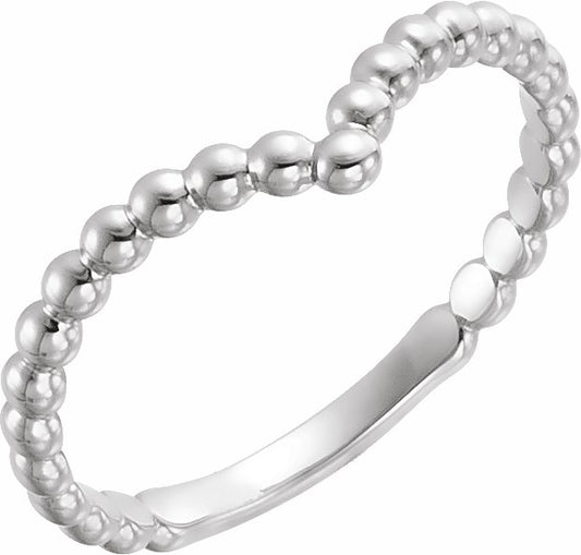 14K White Beaded V Ring