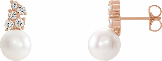 14K Rose Freshwater Cultured Pearl & 3/8 CTW Diamond Earrings