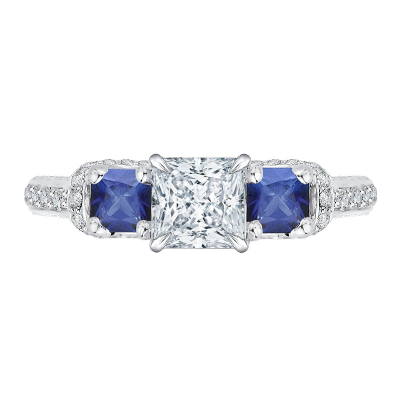 Shah Luxury 14K White Gold Princess Diamond and Sapphire Three-Stone Engagement Ring (Semi-Mount)
