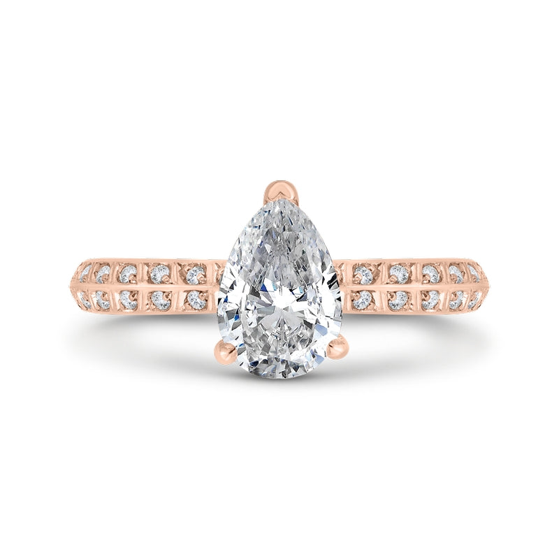 Shah Luxury 14K Rose Gold Pear Diamond Double Row Engagement Ring with Round Shank (Semi-Mount)