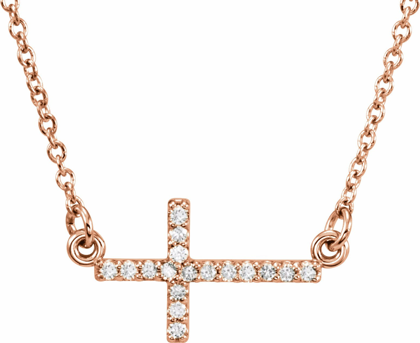 14K Rose .07 CTW Diamond Sideways Cross 16-18 Necklace