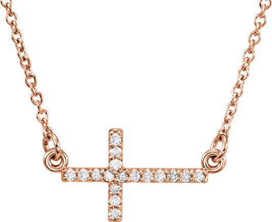 14K Rose .07 CTW Diamond Sideways Cross 16-18 Necklace