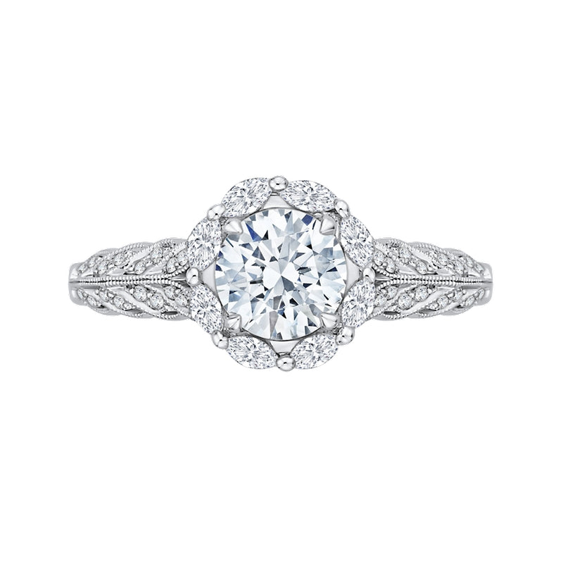 Shah Luxury 14K White Gold Round Diamond Floral Halo Engagement Ring (Semi-Mount)