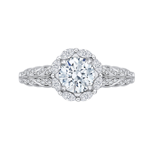 Shah Luxury 14K White Gold Round Diamond Floral Halo Engagement Ring (Semi-Mount)