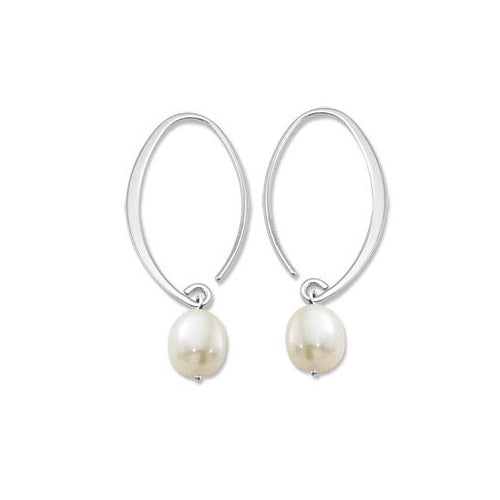 14K White Gold Mini Simple Sweep Fresh Water Pearl Drop Earrings
