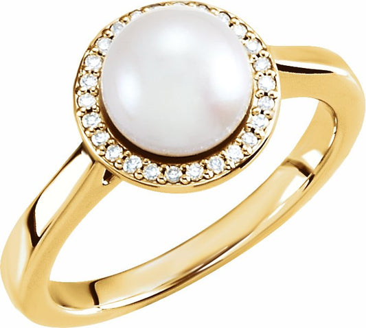 14K Yellow Freshwater Cultured Pearl & .08 CTW Diamond Halo-Style Ring