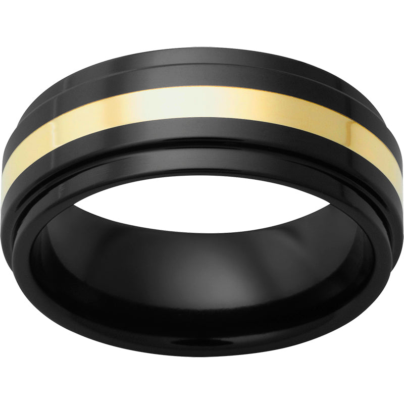 Black Diamond Ceramic Flat Band with Grooved Edges and 2mm 18k yellow gold Inlay