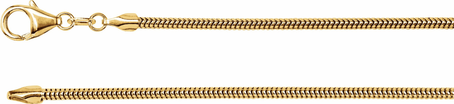 14K Yellow 2 mm Solid Round Snake 7 Chain