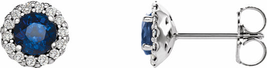 14K White 4.5 mm Round Blue Sapphire & 1/10 CTW Diamond Earrings