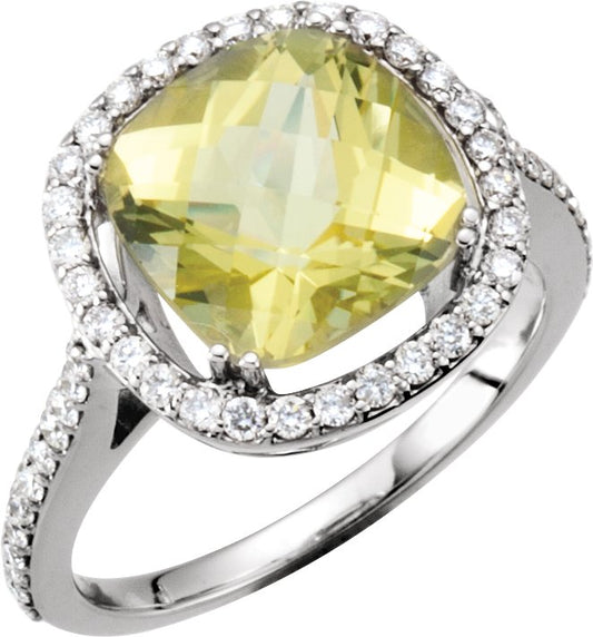 14K White 1/2 CTW Diamond & 10x10 mm Lemon Quartz Ring