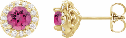 14K Yellow 4.5 mm Round Pink Tourmaline & 1/4 Diamond Earrings